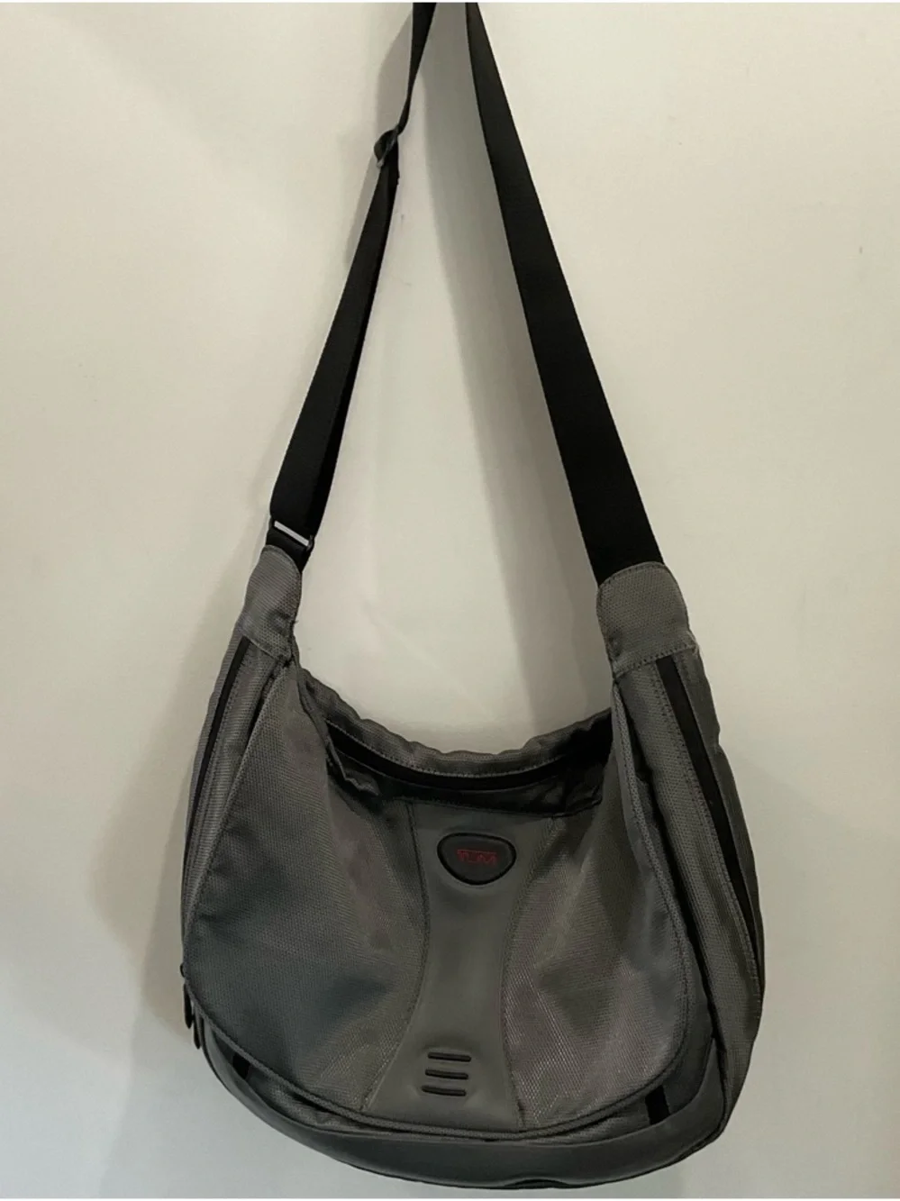 Tumi Gray Messenger Sling with Red Logo Accent